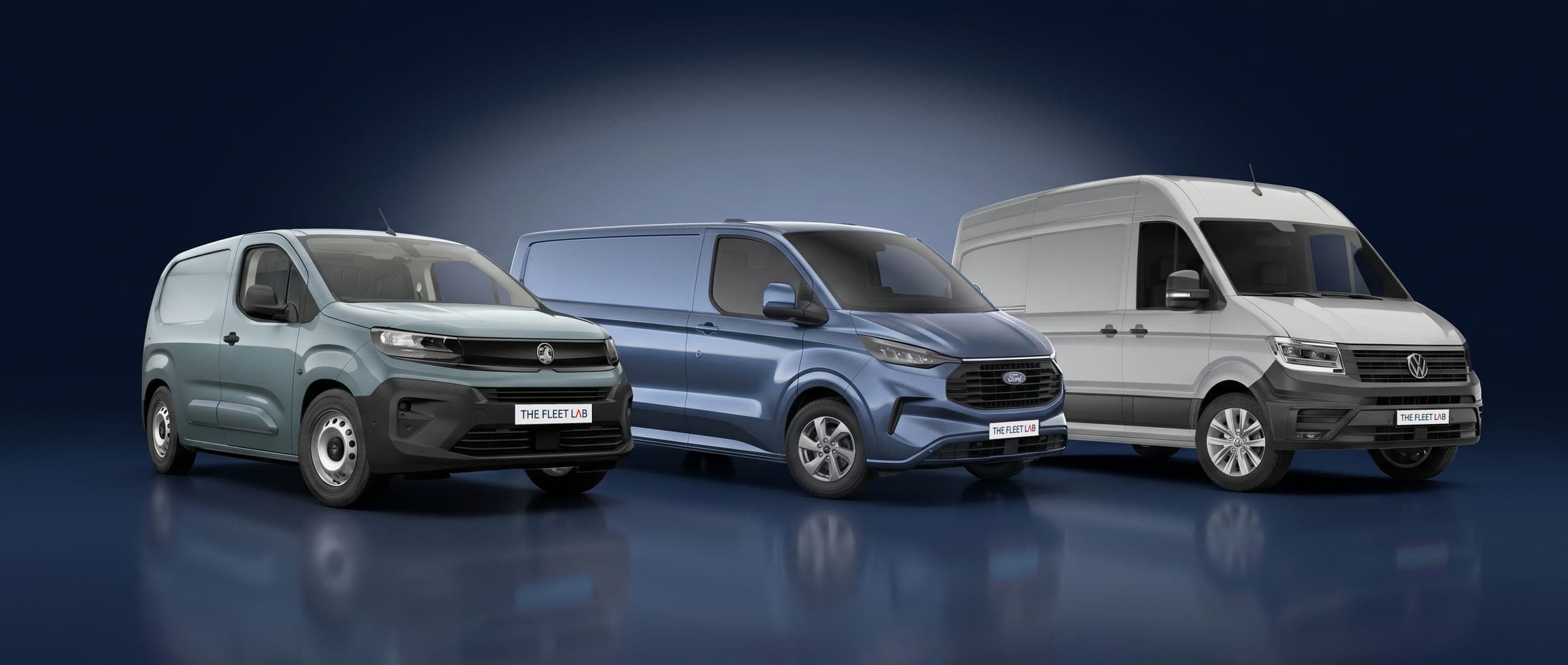 A new Vauxhall Combo, Ford Transit Custom and Volkswagen Crafter lined up in a studio